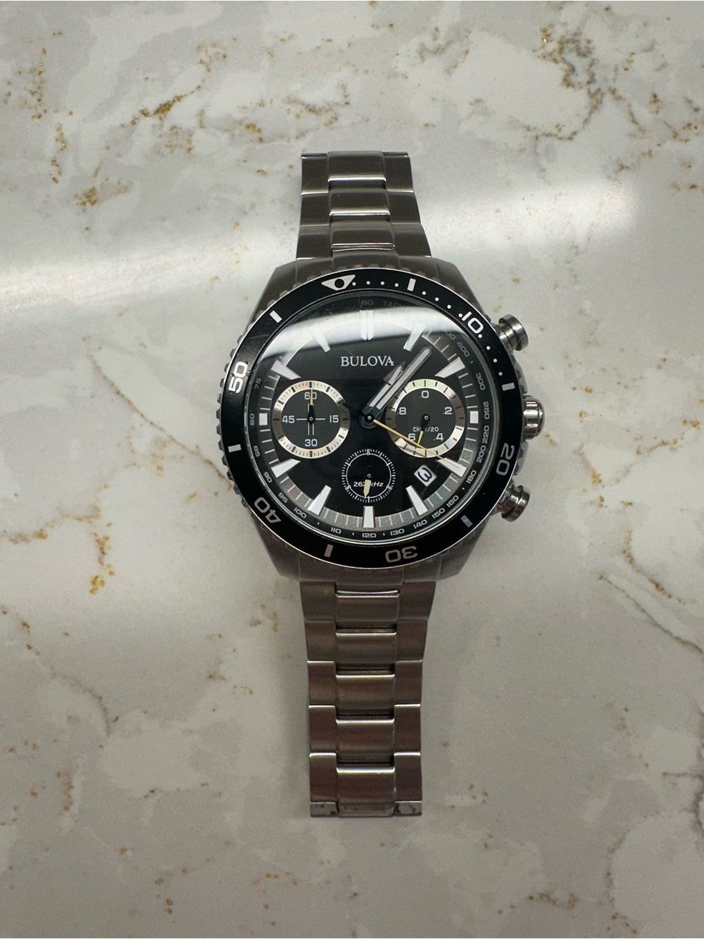 Bulova Silver Stainless Steel Watch with Black Dial